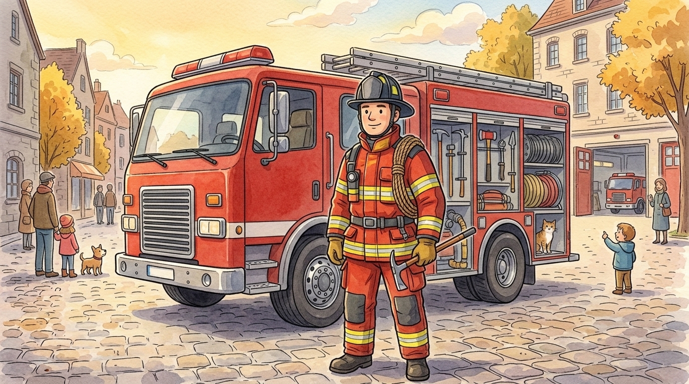 Un pompier équipé de sa tenue de protection, casque et combinaison